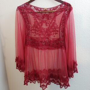 Sorrento Red Sheer Lace Top L blouse tunic swim cover boho lightweight summer